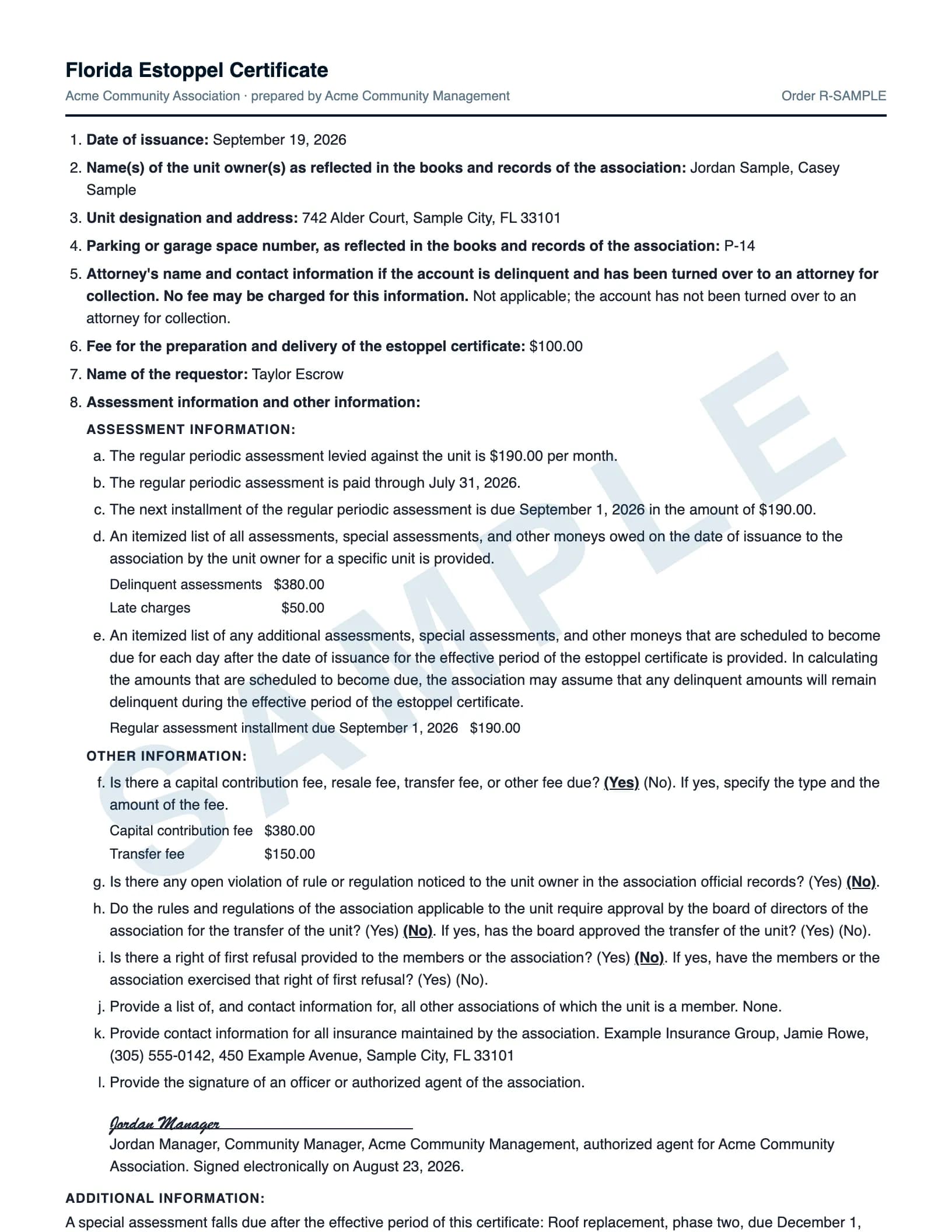 Sample Florida HOA estoppel certificate showing the statutory items: date of issuance, owners, assessment information, amounts owed, fees due, and the authorized agent's signature