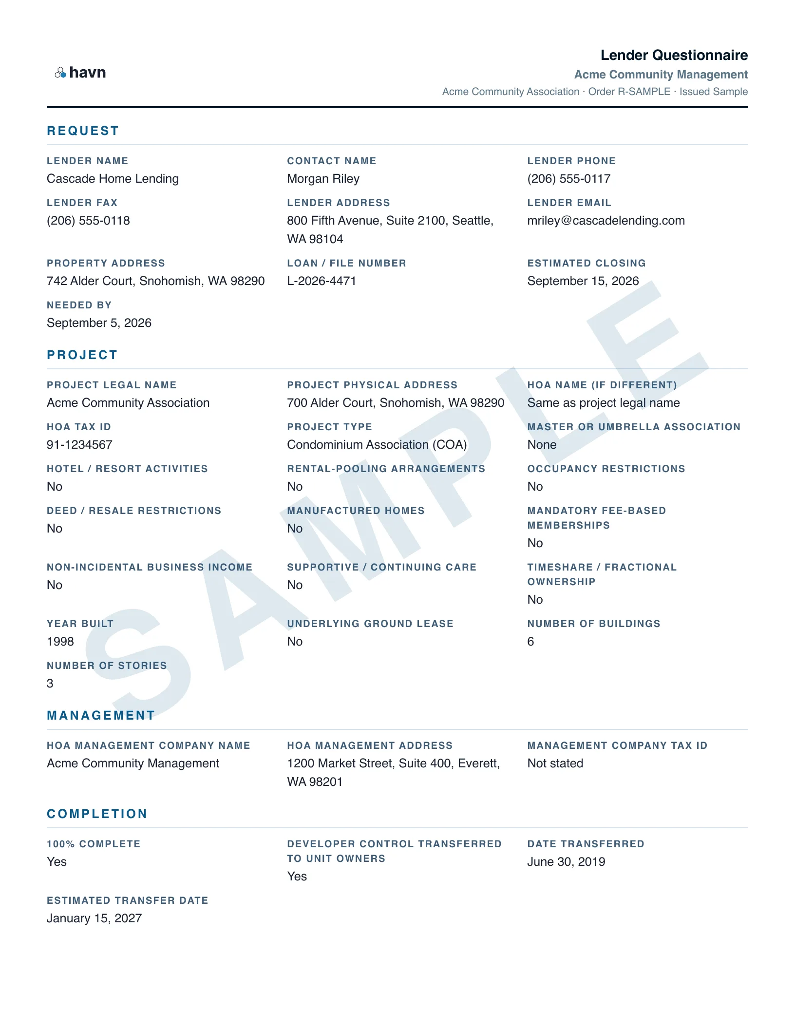 Sample condo lender questionnaire showing the lender request, project information, management, and project completion sections