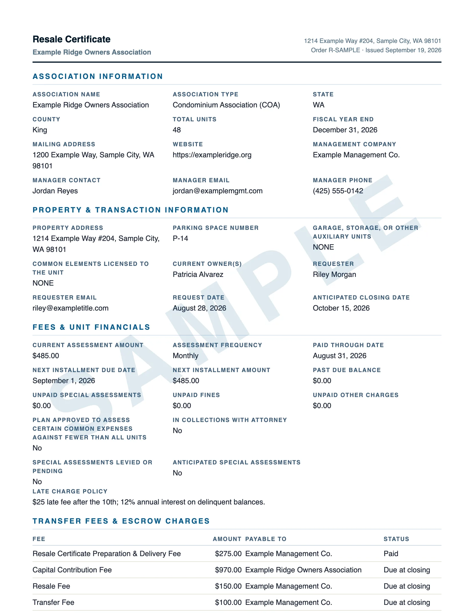 Sample Washington HOA resale certificate showing the association information, property and transaction details, unit financials, and transfer fees sections